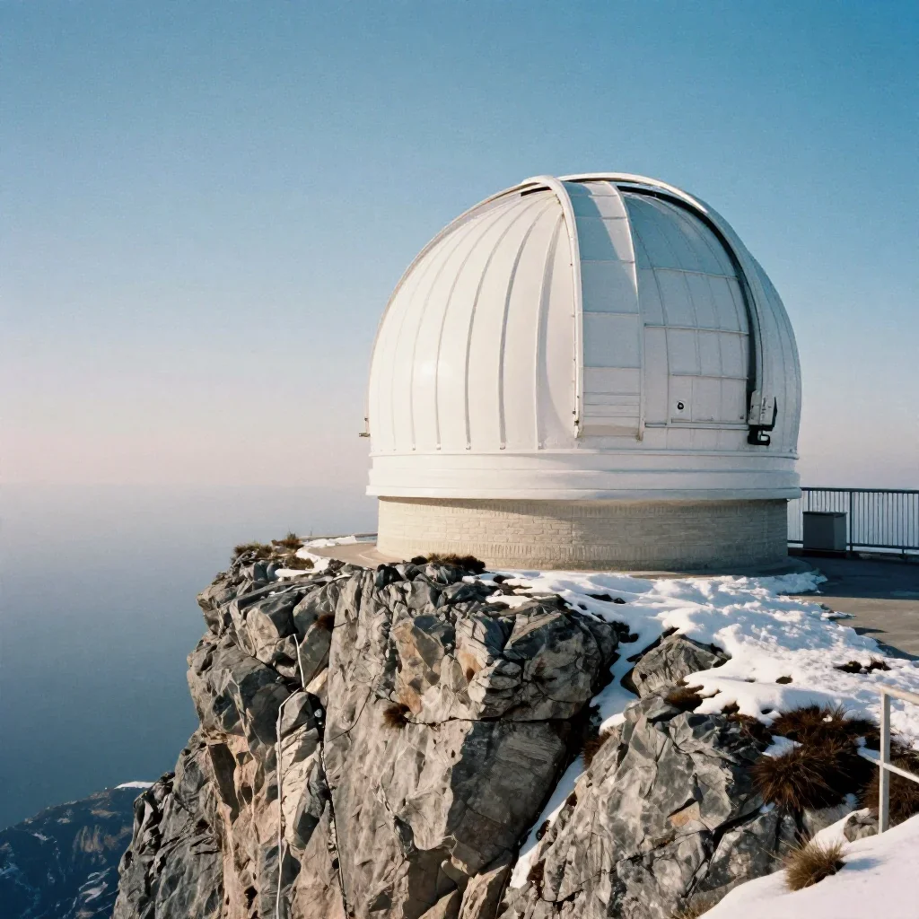 a cliffside observatory in crisp winter sunlight, soft-grain analog film photography, soft volumetric light, indigo and 