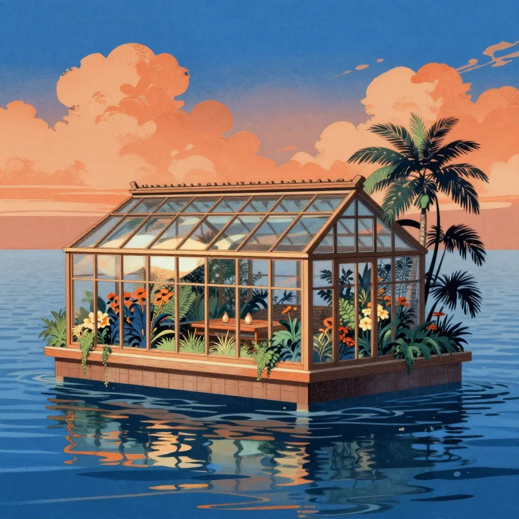 a floating botanical conservatory in a gentle sea breeze, Japanese woodblock-inspired editorial art, gentle reflected li