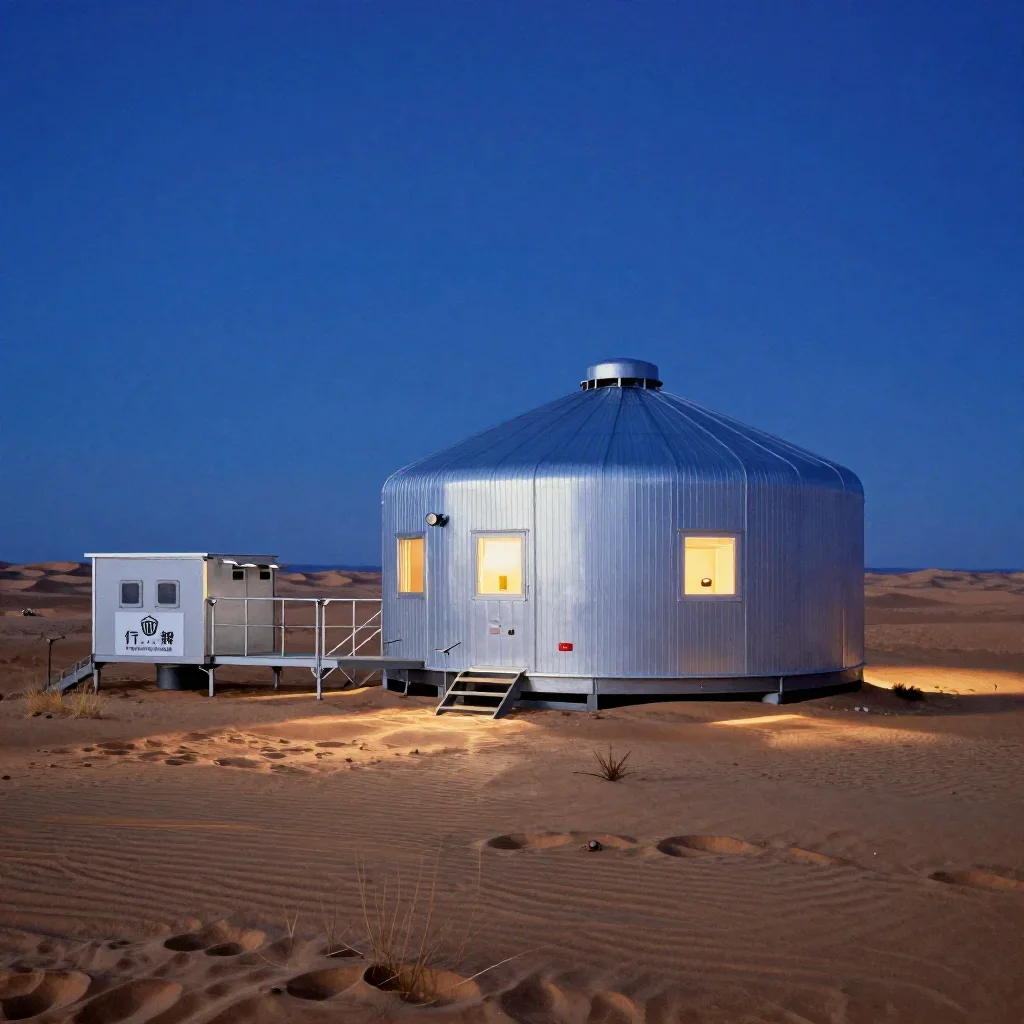 a desert research station at blue hour, Japanese woodblock-inspired editorial art, crisp material detail, cobalt and amb