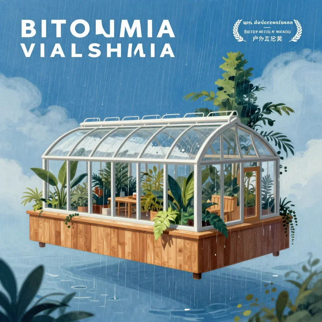 a floating botanical conservatory after warm summer rain, modernist poster illustration, clean natural textures, ice blu