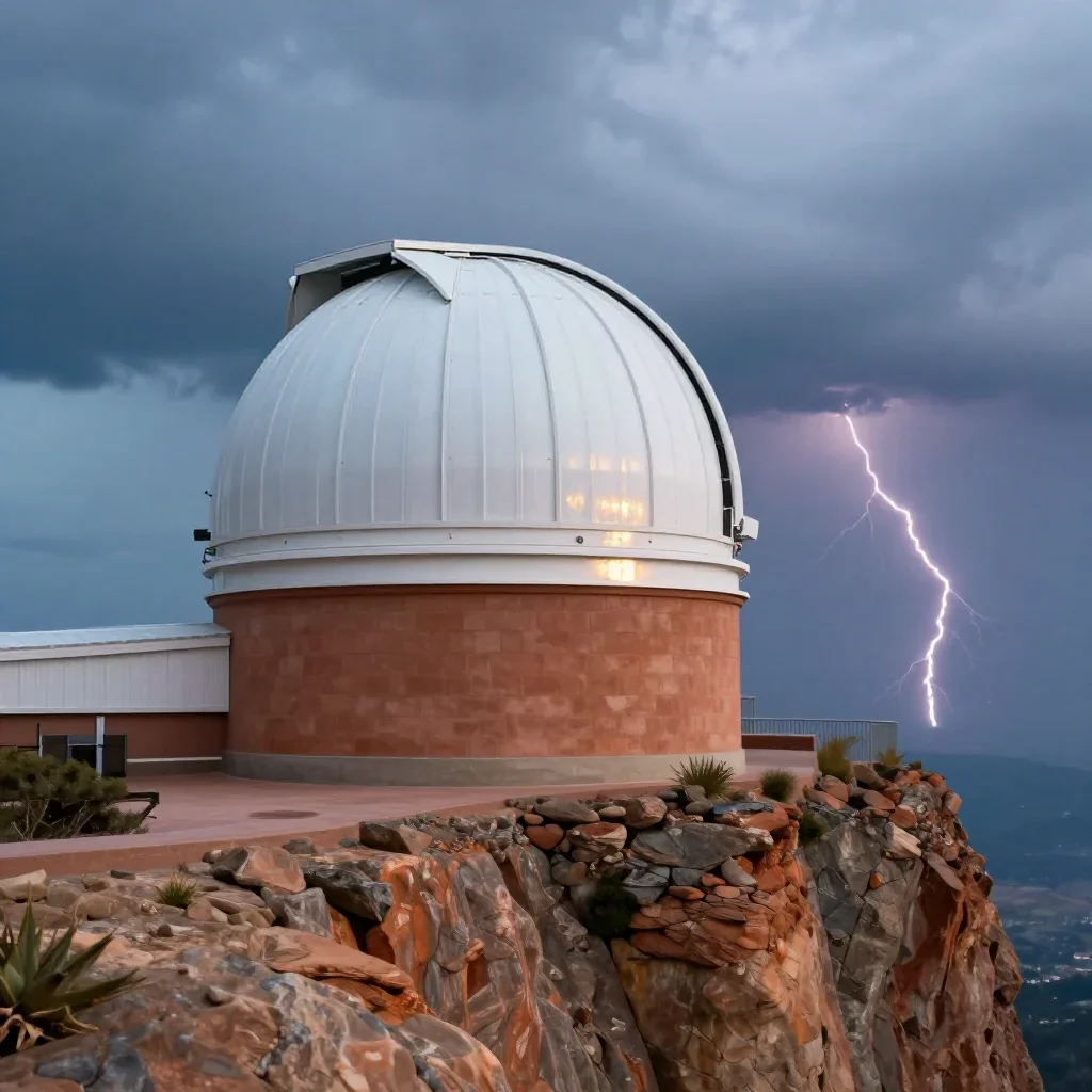 a cliffside observatory after a distant thunderstorm, museum-quality still-life photography, gentle reflected light, ter