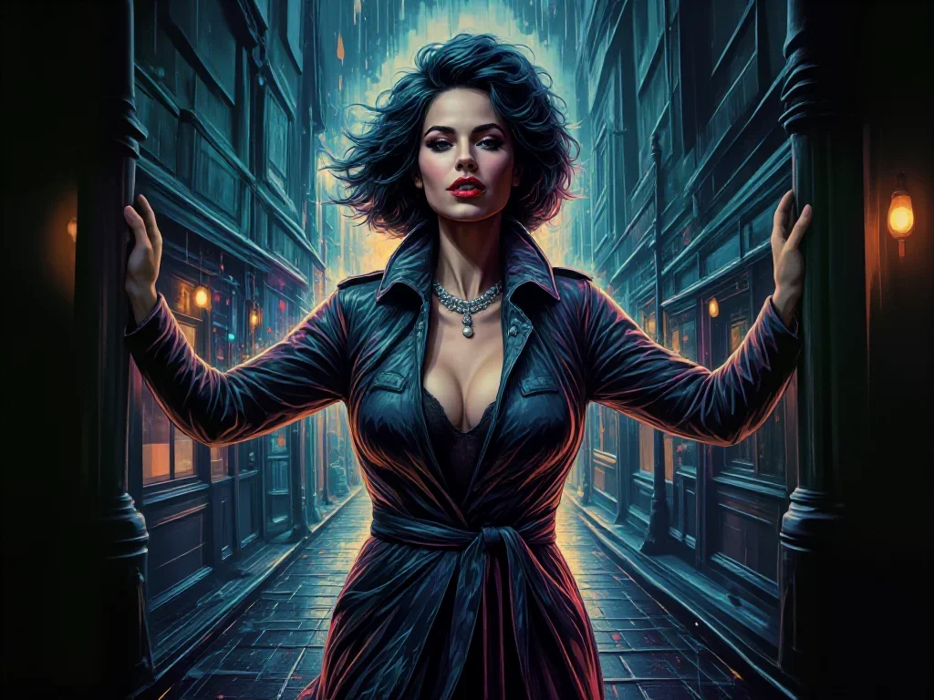 a noir detective's femme fatal muse in a trench coat in a bold, open-armed welcome, in a rain-slick neon alley, Vogue-st