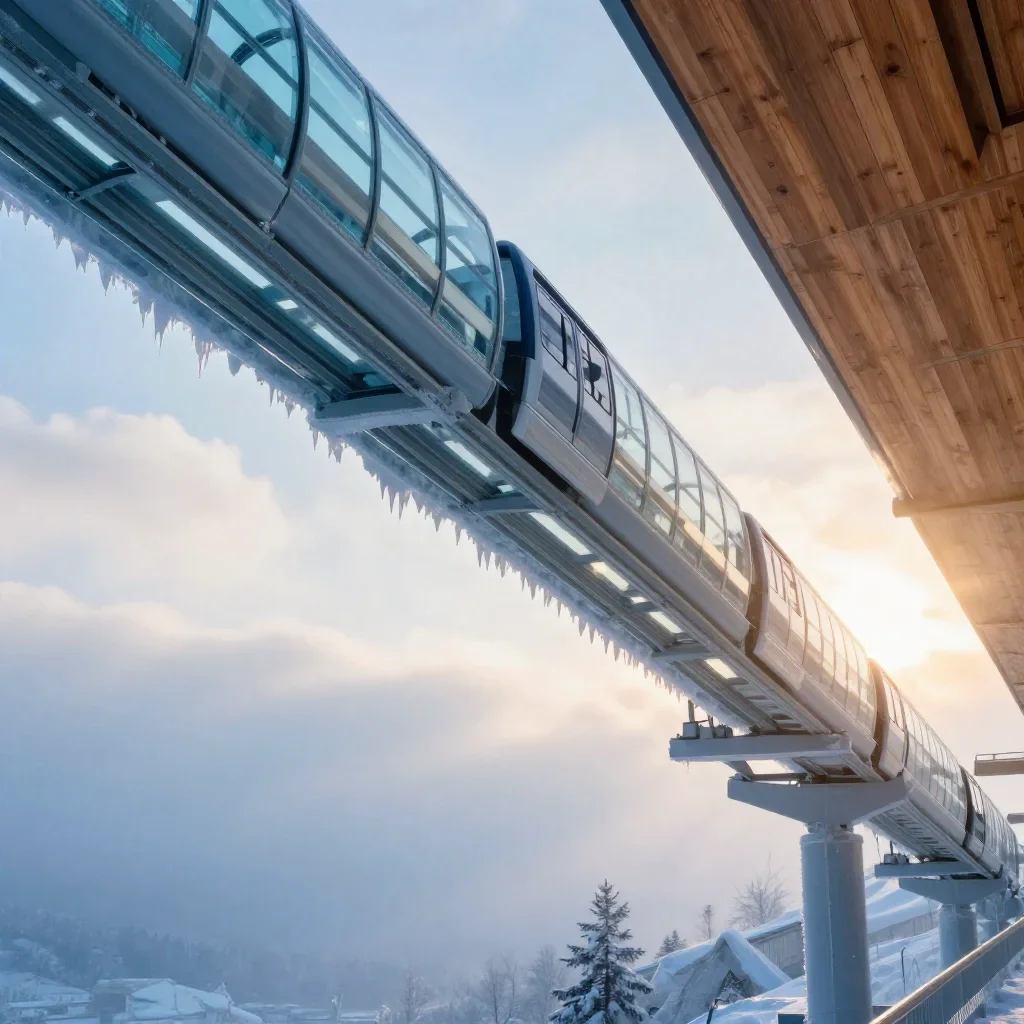a glass monorail in crisp winter sunlight, cinematic architectural photography, soft volumetric light, ice blue and warm