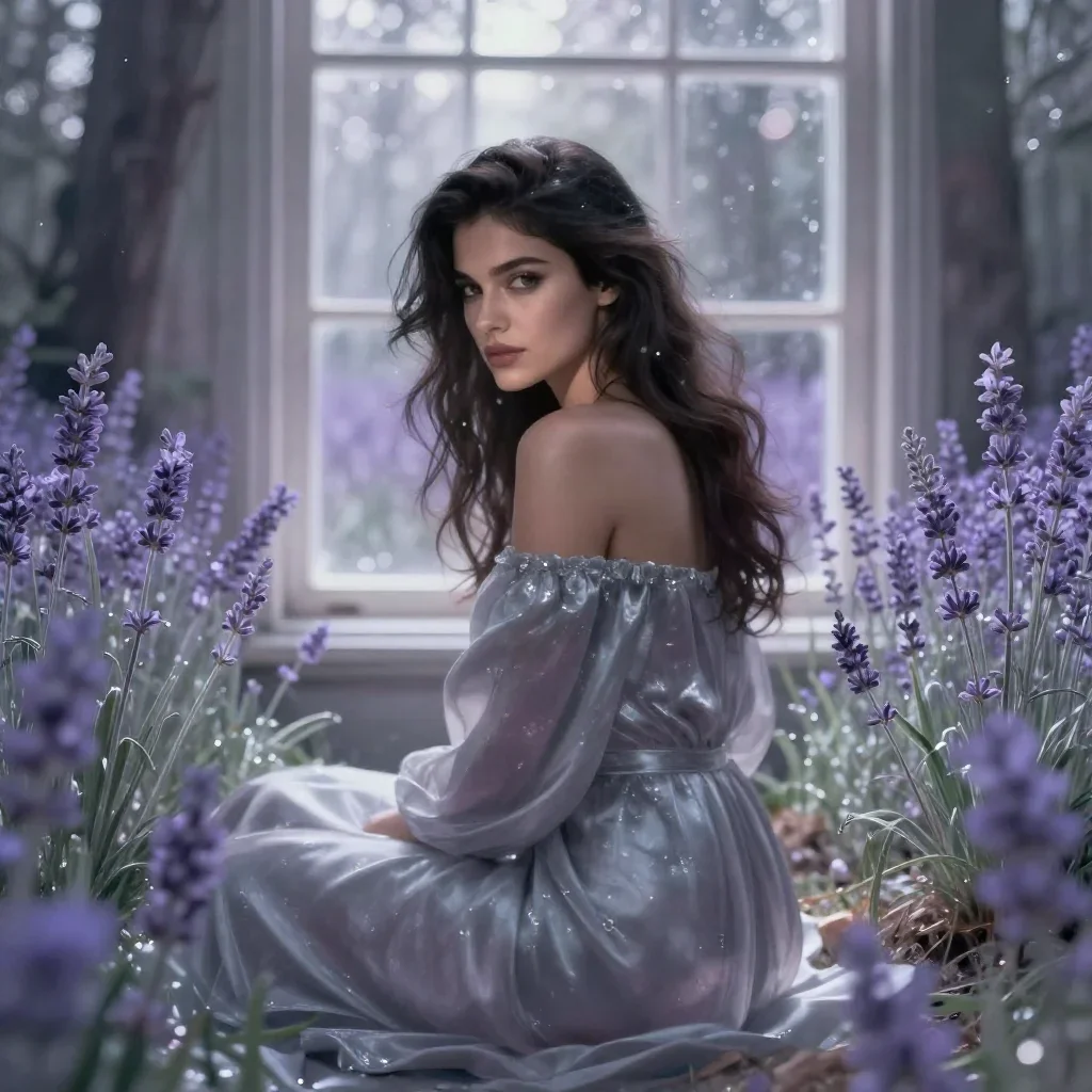 a striking woman with a smoldering over-the-shoulder gaze in a seated silhouette against a window, in a dewy forest clea
