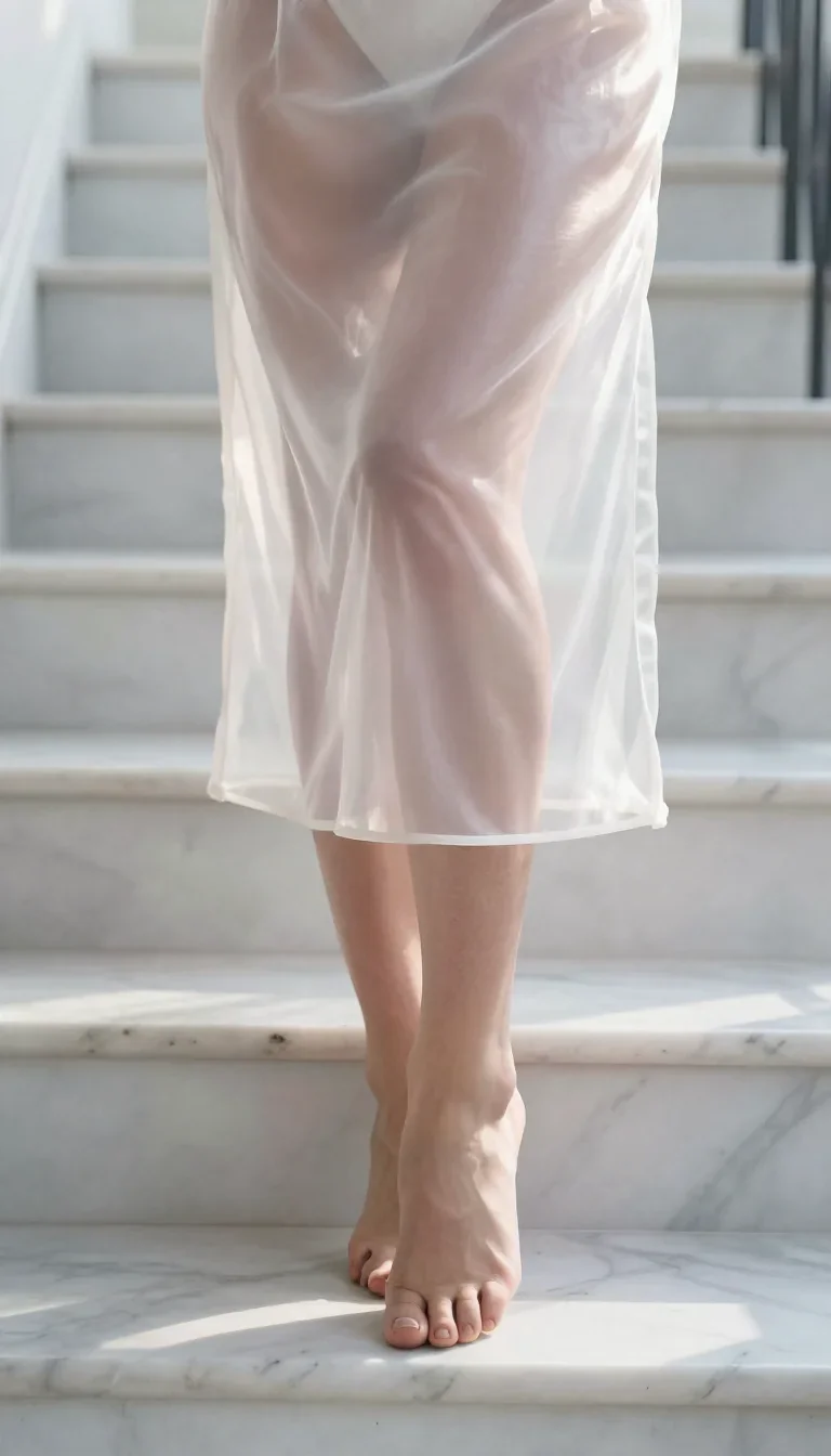 a siren at the waterline in a translucent slip mid-turn with fabric catching the light, on a marble staircase at dawn, V