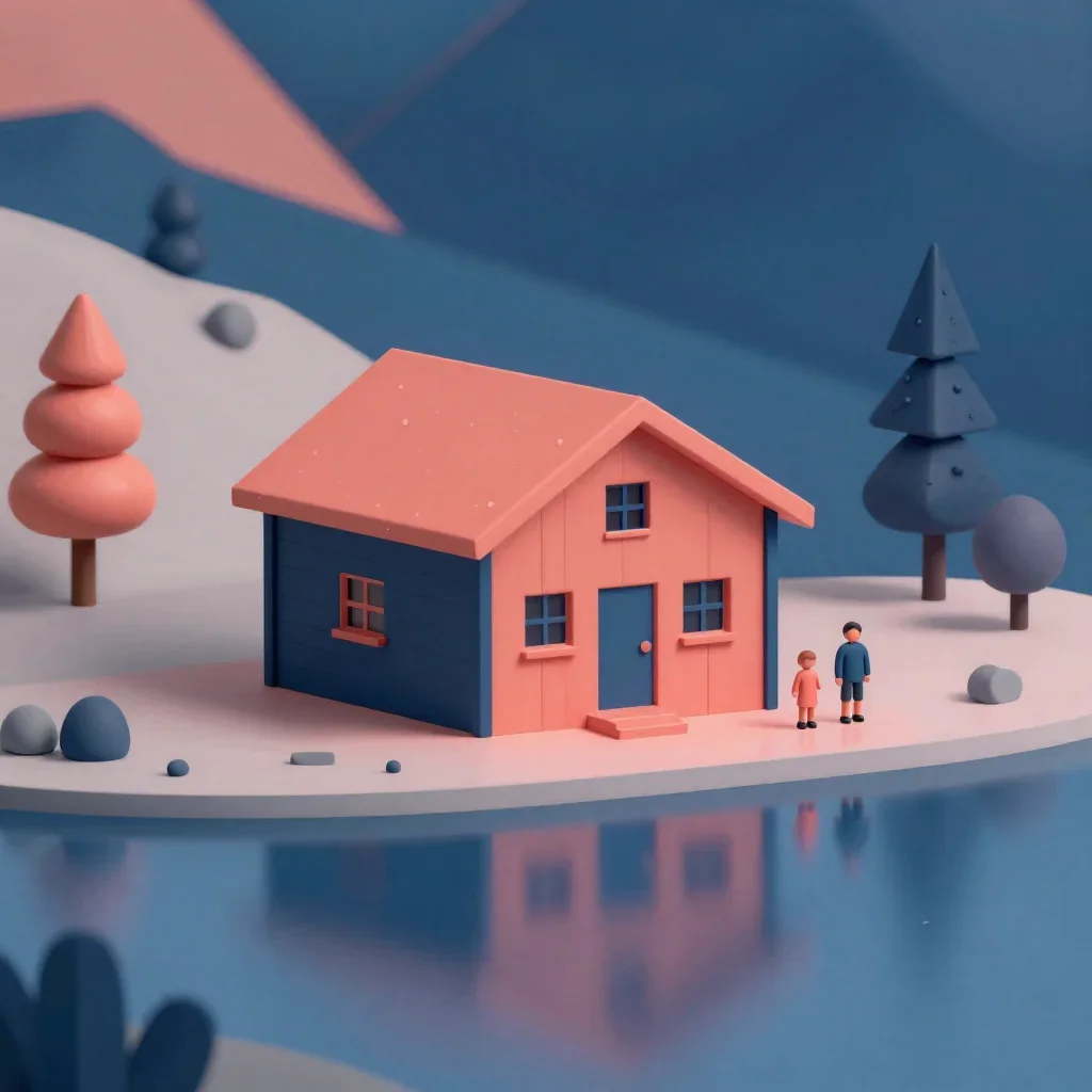 a cedar cabin beside an alpine lake after warm summer rain, minimal geometric 3D art, shallow depth of field, coral and 