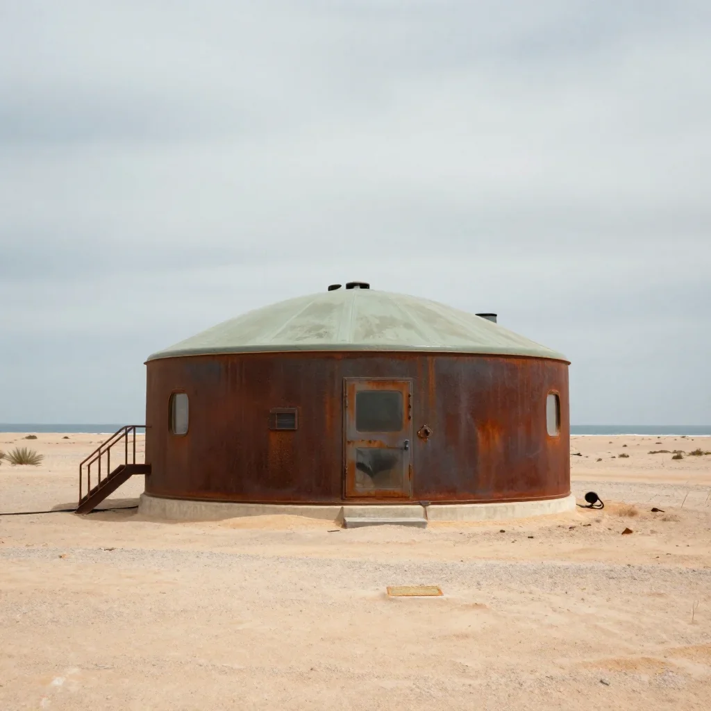 a desert research station under overcast coastal light, refined editorial travel photography, restrained color harmony, 