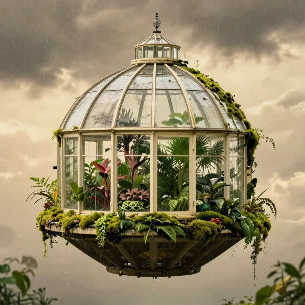 a floating botanical conservatory after warm summer rain, refined editorial travel photography, crisp material detail, m