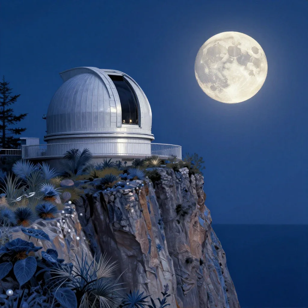 a cliffside observatory at moonrise, contemporary botanical illustration, gentle reflected light, indigo and pearl palet