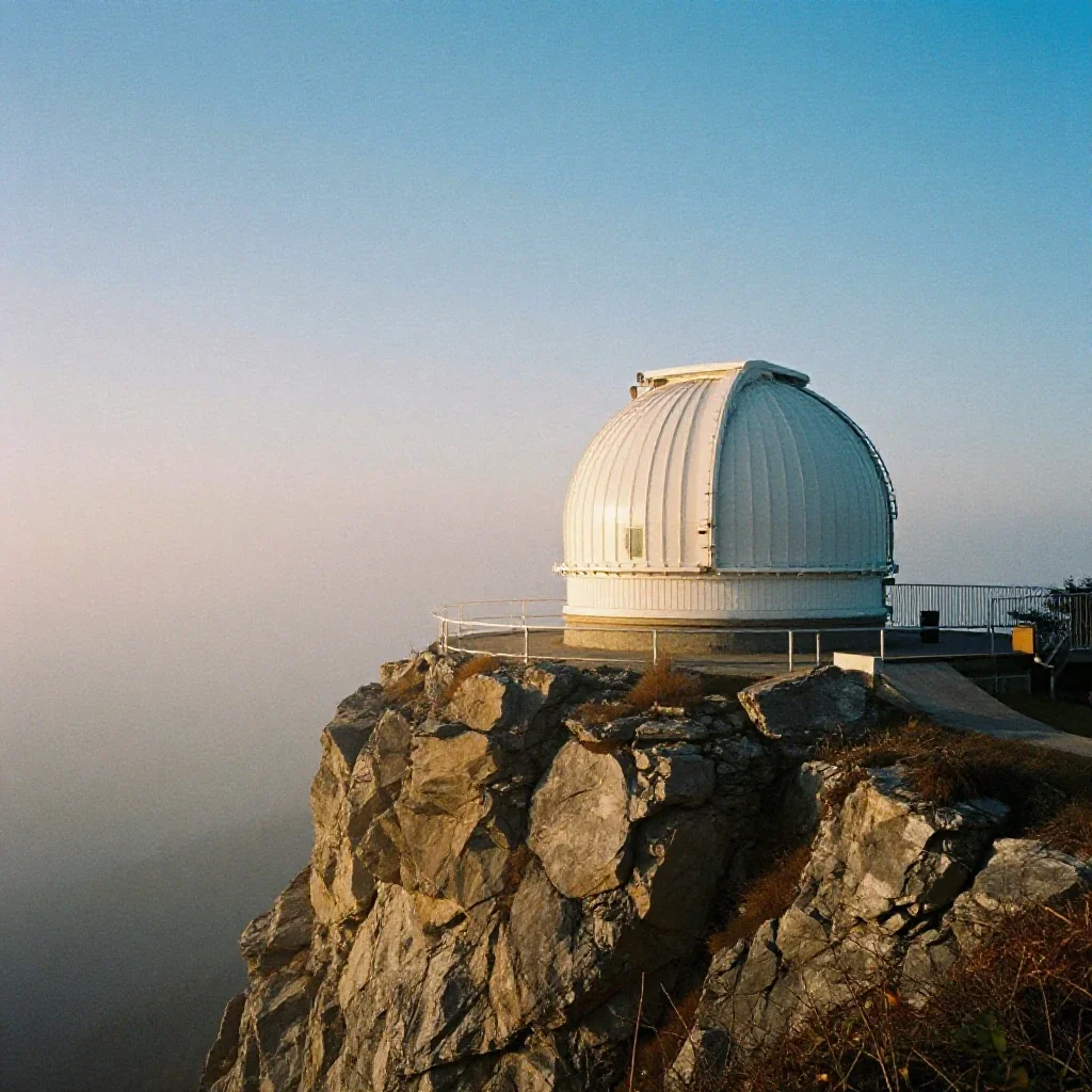 a cliffside observatory in early spring mist, soft-grain analog film photography, subtle film grain, cobalt and amber pa