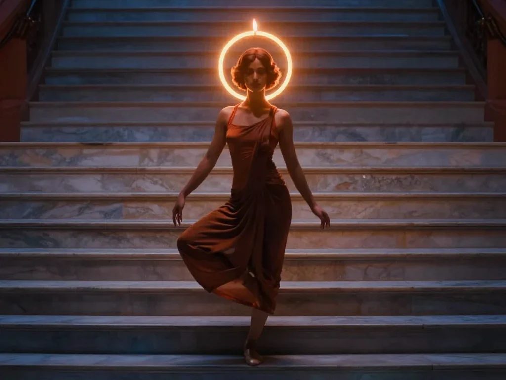 a celestial priestess with haloed candlelight in a graceful contrapposto pose, on a marble staircase at dawn, Wong Kar-w