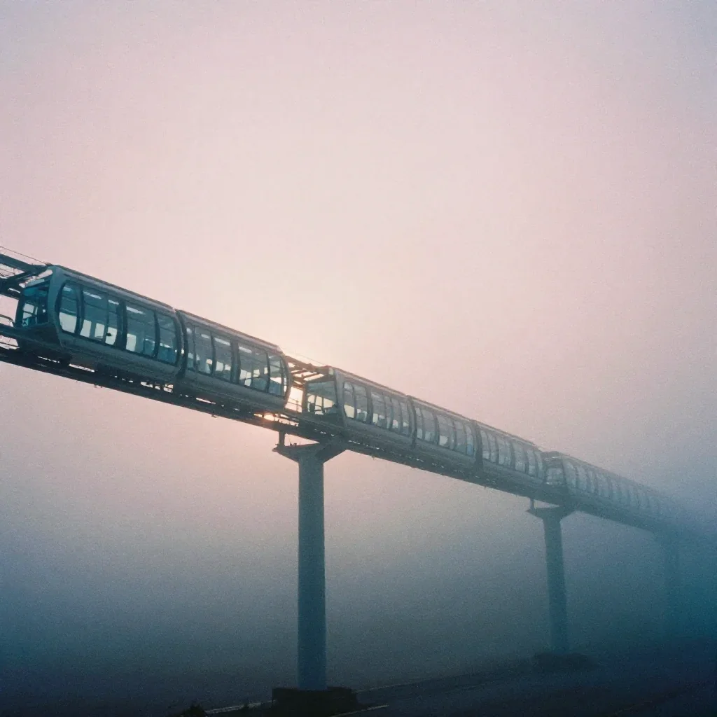a glass monorail under soft dawn fog, soft-grain analog film photography, soft volumetric light, ochre and ultramarine p