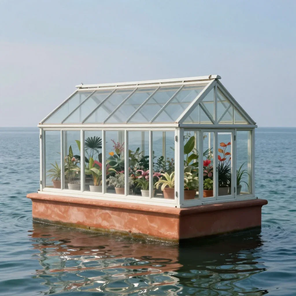 a floating botanical conservatory in a gentle sea breeze, museum-quality still-life photography, gentle reflected light,