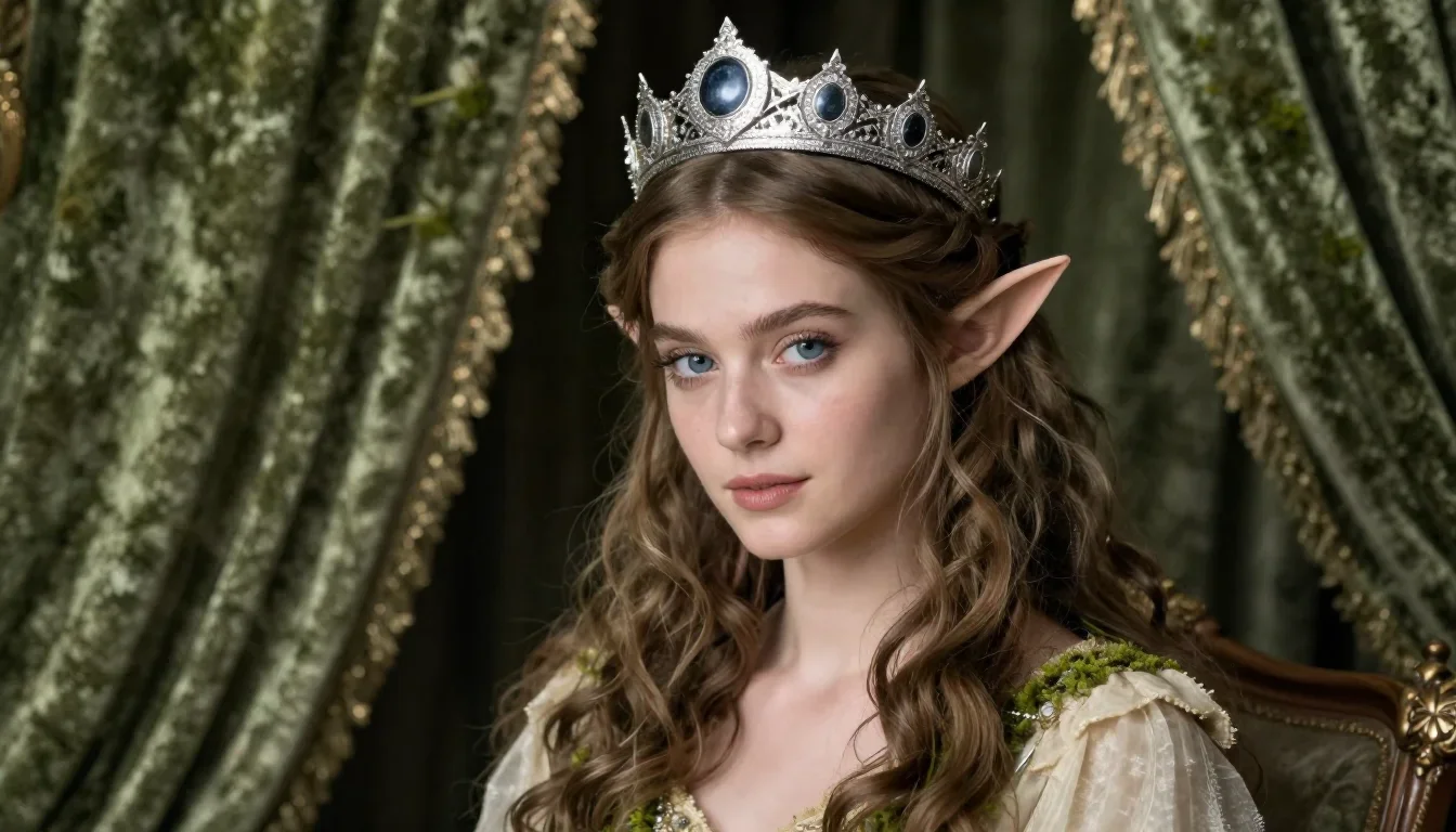 an elven queen in a moonlit silver crown in a coy glance from under lowered lashes, in a velvet-curtained boudoir, mytho