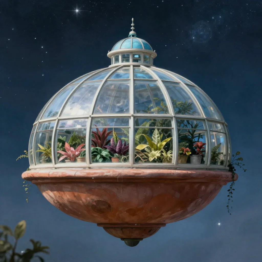a floating botanical conservatory beneath a star-filled sky, quiet science-fiction concept art, gentle reflected light, 