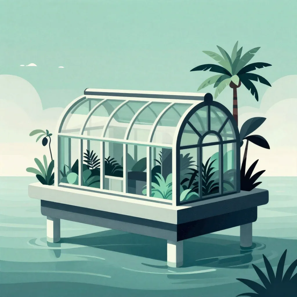 a floating botanical conservatory in a gentle sea breeze, modernist poster illustration, careful geometric composition, 
