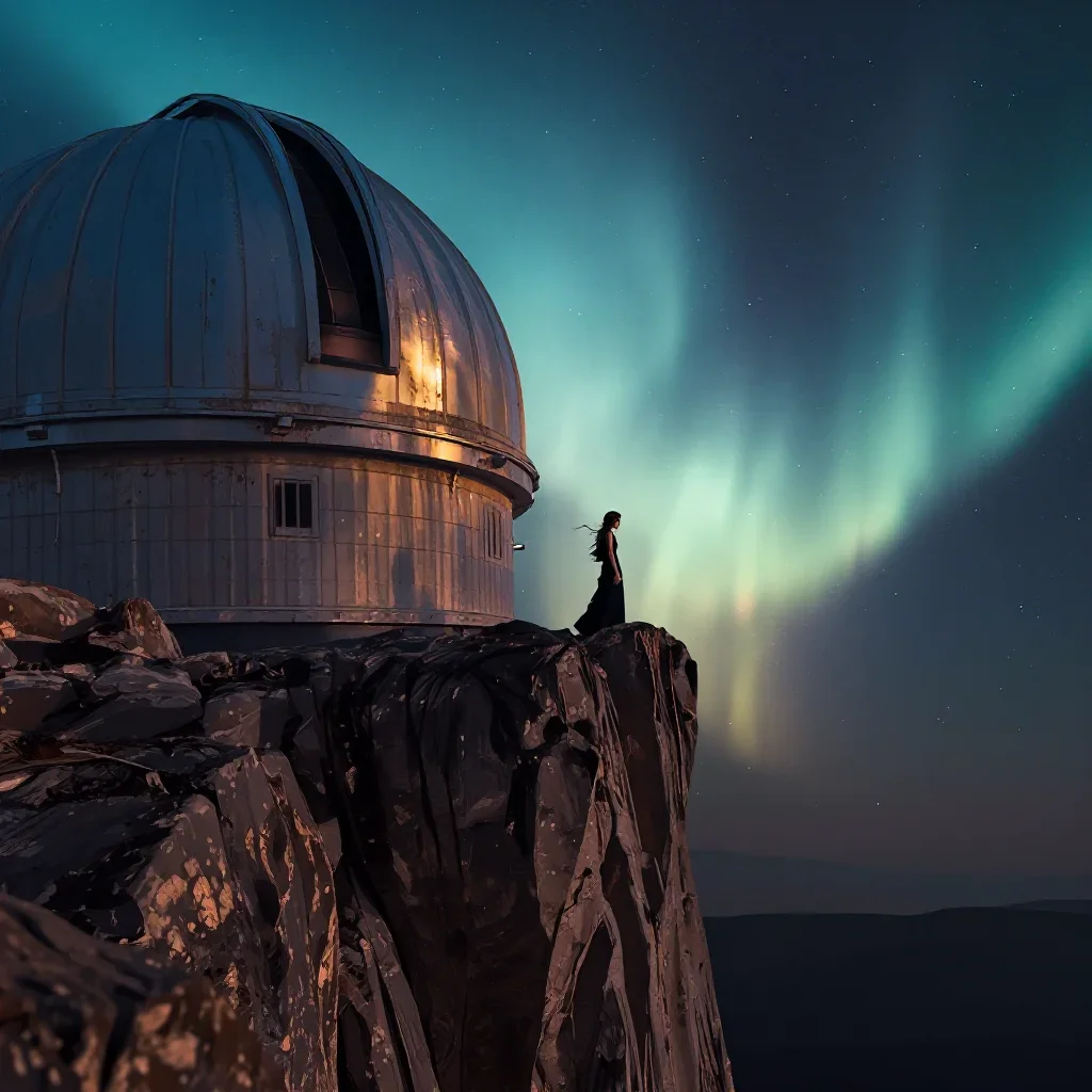 a cliffside observatory beneath an aurora, dreamlike fine-art landscape photography, weathered tactile surfaces, cobalt 