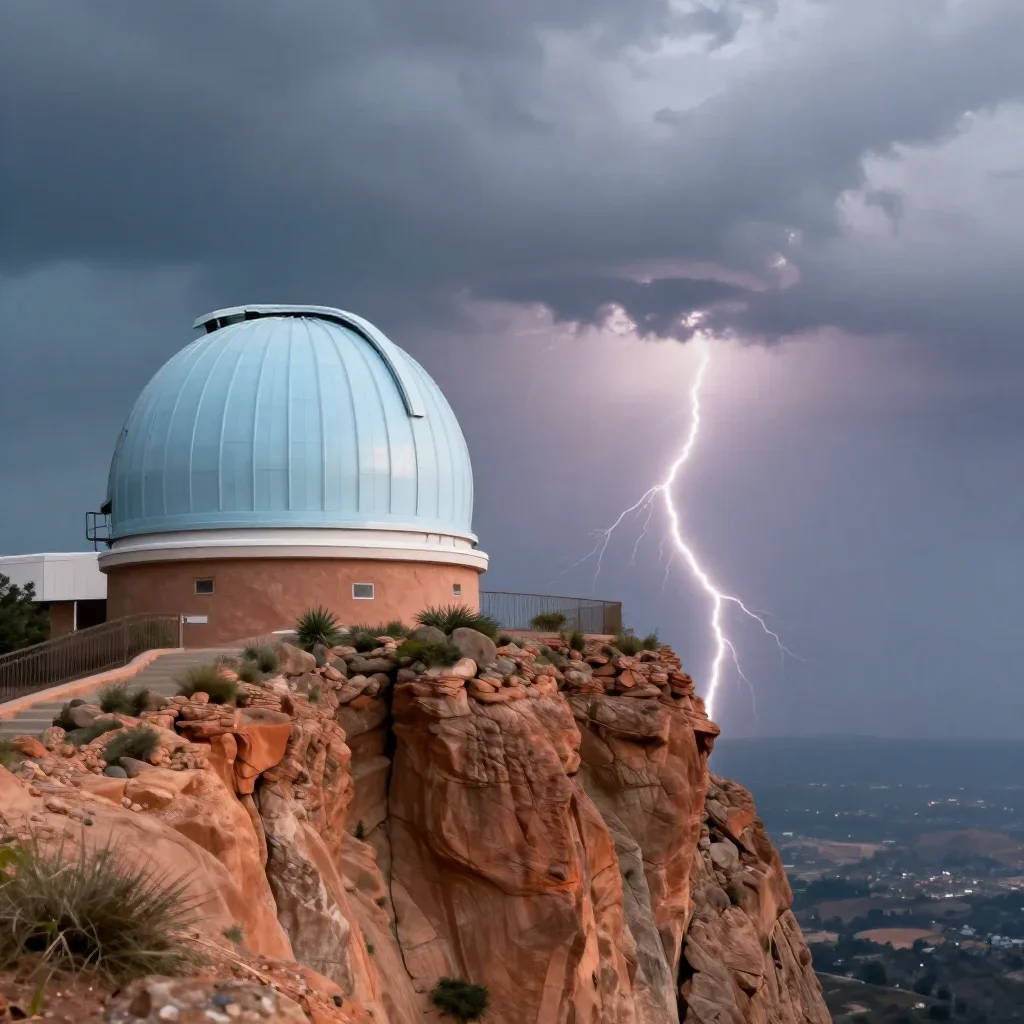 a cliffside observatory after a distant thunderstorm, high-end design magazine photography, soft volumetric light, terra