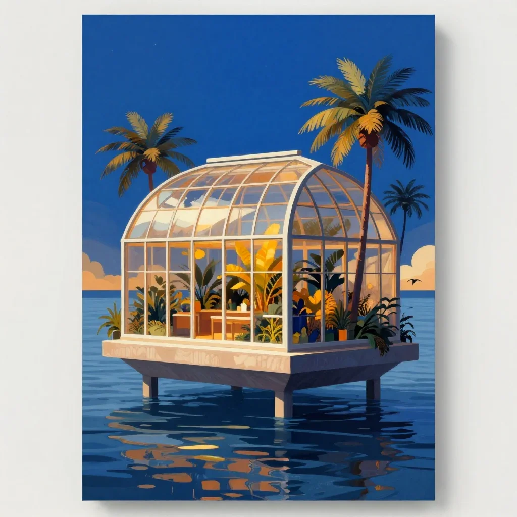 a floating botanical conservatory in a gentle sea breeze, modernist poster illustration, crisp material detail, cobalt a