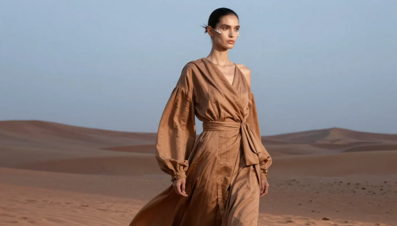 a couture catwalk muse with razor cheekbones mid-turn with fabric catching the light, in a silent desert at twilight, hi