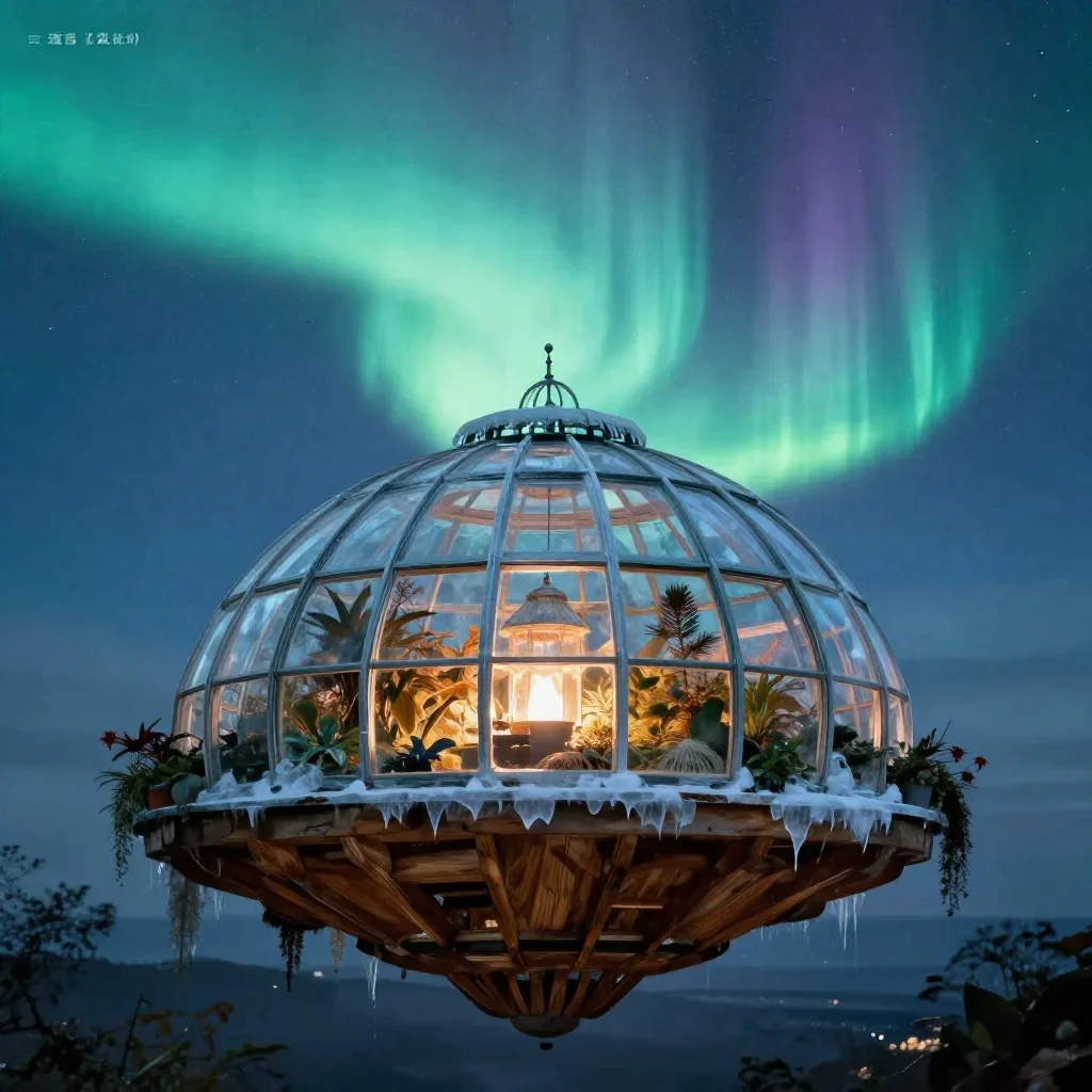 a floating botanical conservatory beneath an aurora, dreamlike fine-art landscape photography, atmospheric depth, ice bl