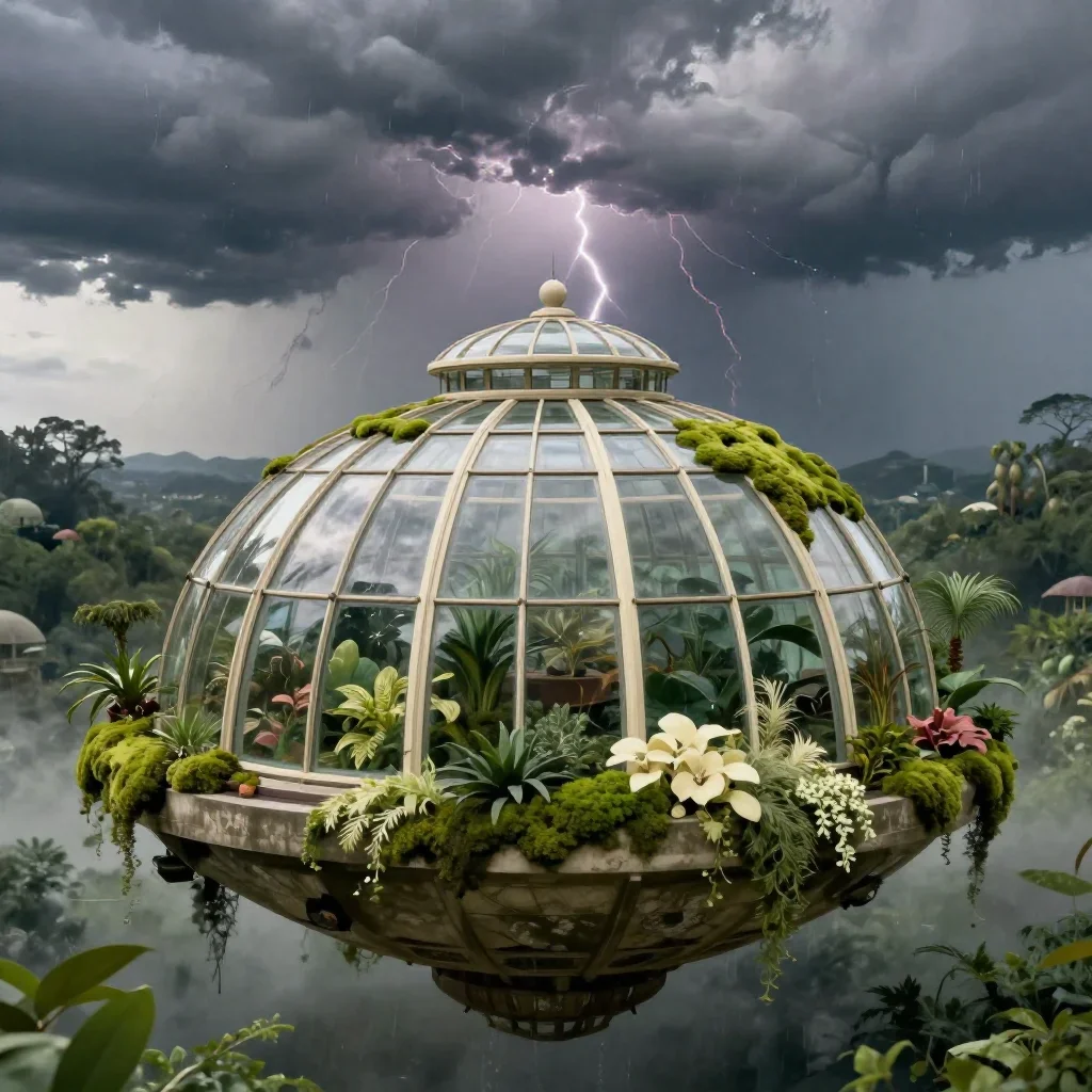 a floating botanical conservatory after a distant thunderstorm, quiet science-fiction concept art, crisp material detail