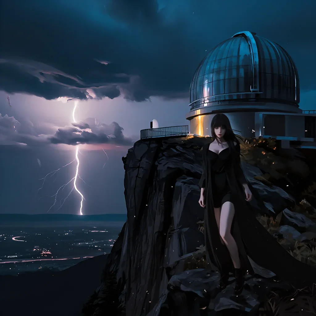 a cliffside observatory after a distant thunderstorm, dreamlike fine-art landscape photography, atmospheric depth, cobal