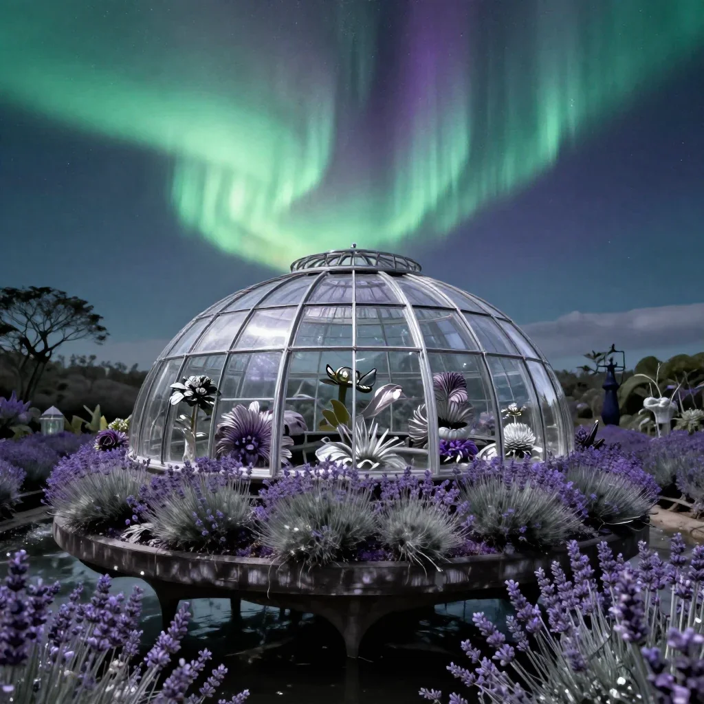 a floating botanical conservatory beneath an aurora, refined editorial travel photography, atmospheric depth, lavender a