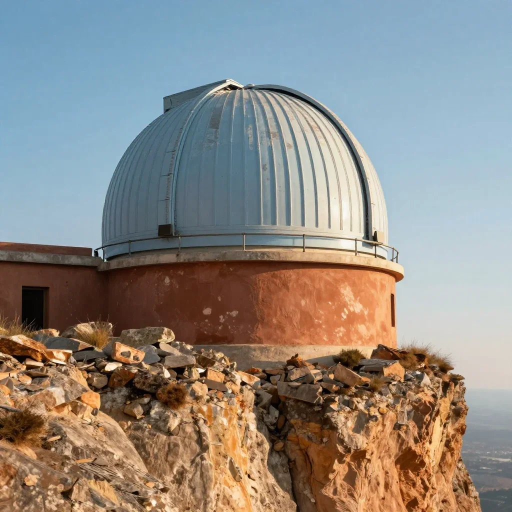 a cliffside observatory in crisp winter sunlight, cinematic architectural photography, weathered tactile surfaces, terra