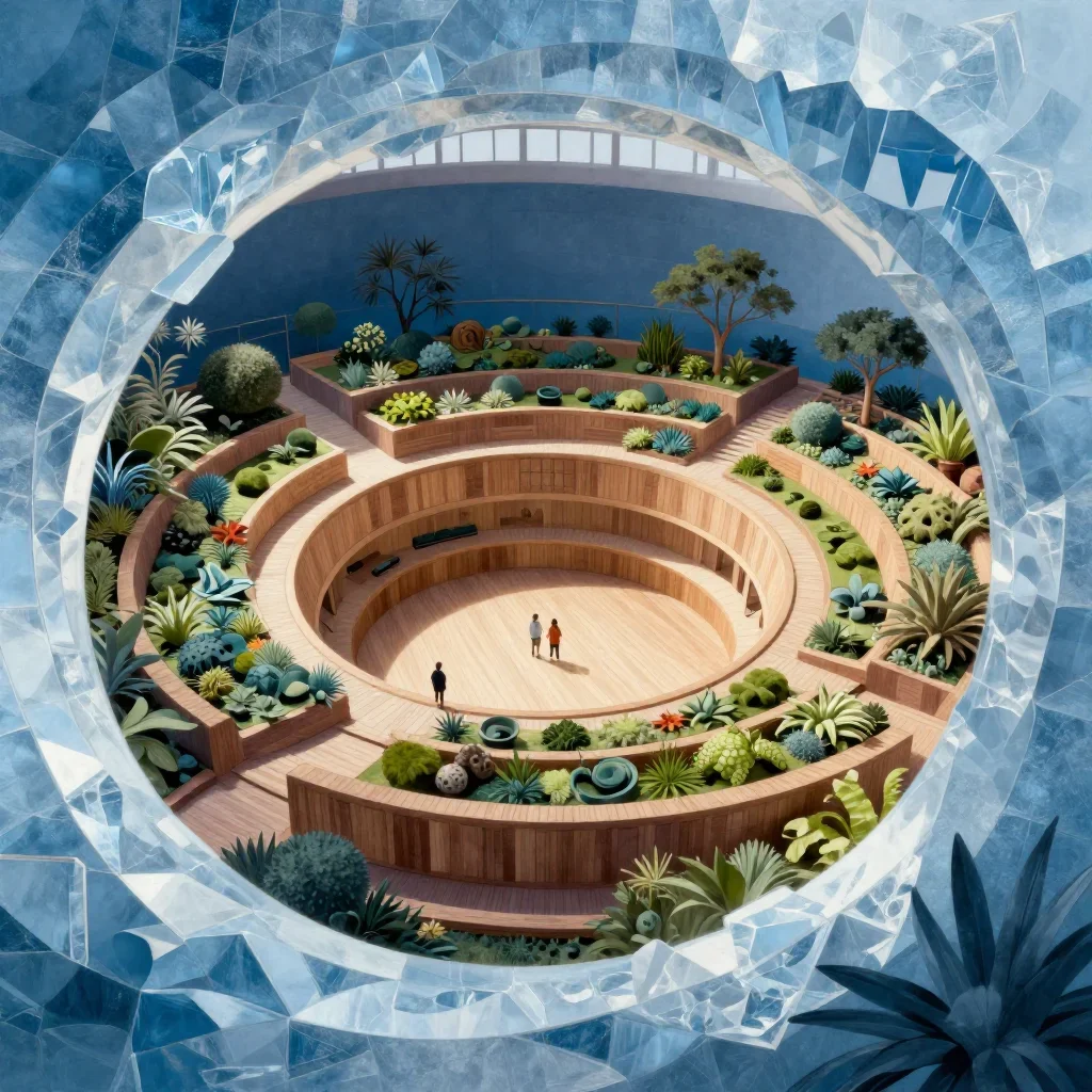 a ring habitat with terraced gardens in cool museum light, modernist poster illustration, layered foreground framing, ic