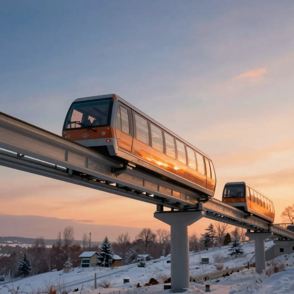 a glass monorail in crisp winter sunlight, refined editorial travel photography, restrained color harmony, ochre and ult