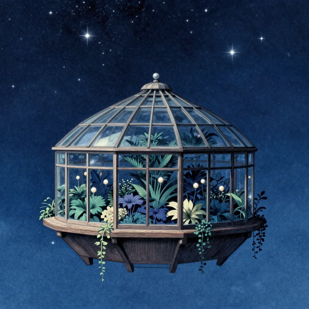 a floating botanical conservatory beneath a star-filled sky, Japanese woodblock-inspired editorial art, subtle film grai