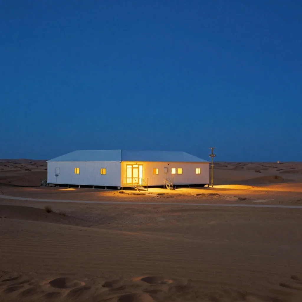 a desert research station at blue hour, Japanese woodblock-inspired editorial art, calm negative space, cobalt and amber