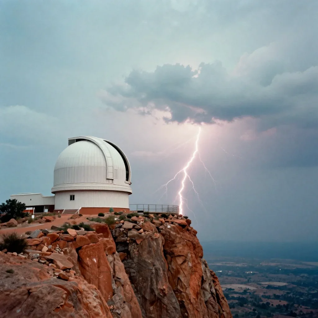 a cliffside observatory after a distant thunderstorm, quiet science-fiction concept art, subtle film grain, terracotta a