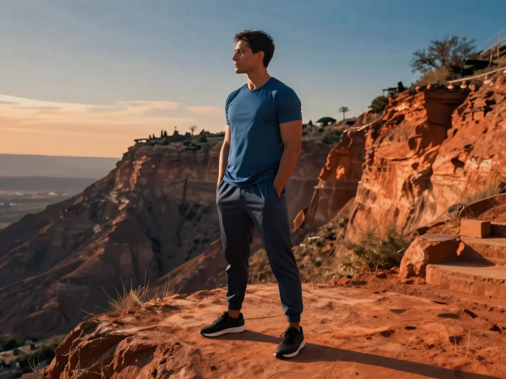 a fitness creator stretching in a sunlit loft standing tall with hands in pockets, on a sun-drenched cliffside, cinemati