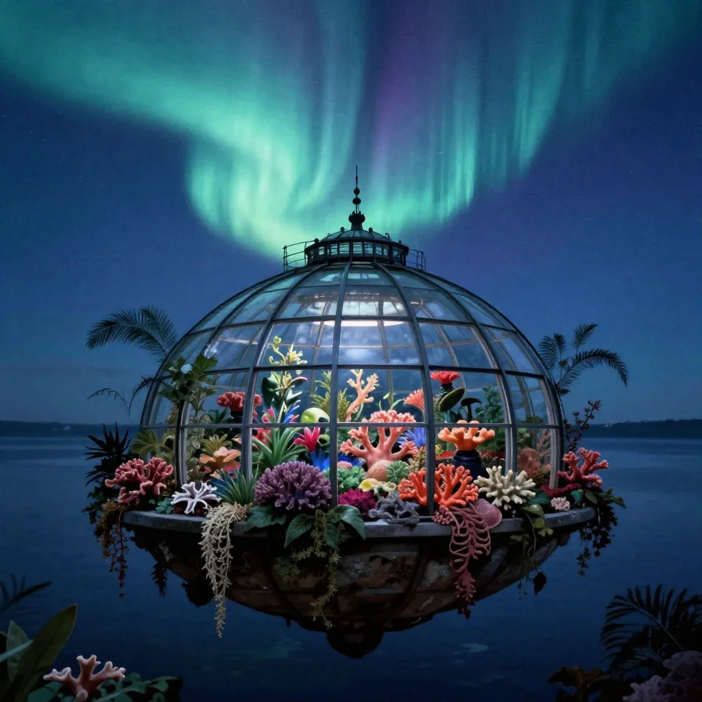 a floating botanical conservatory beneath an aurora, dreamlike fine-art landscape photography, subtle film grain, coral