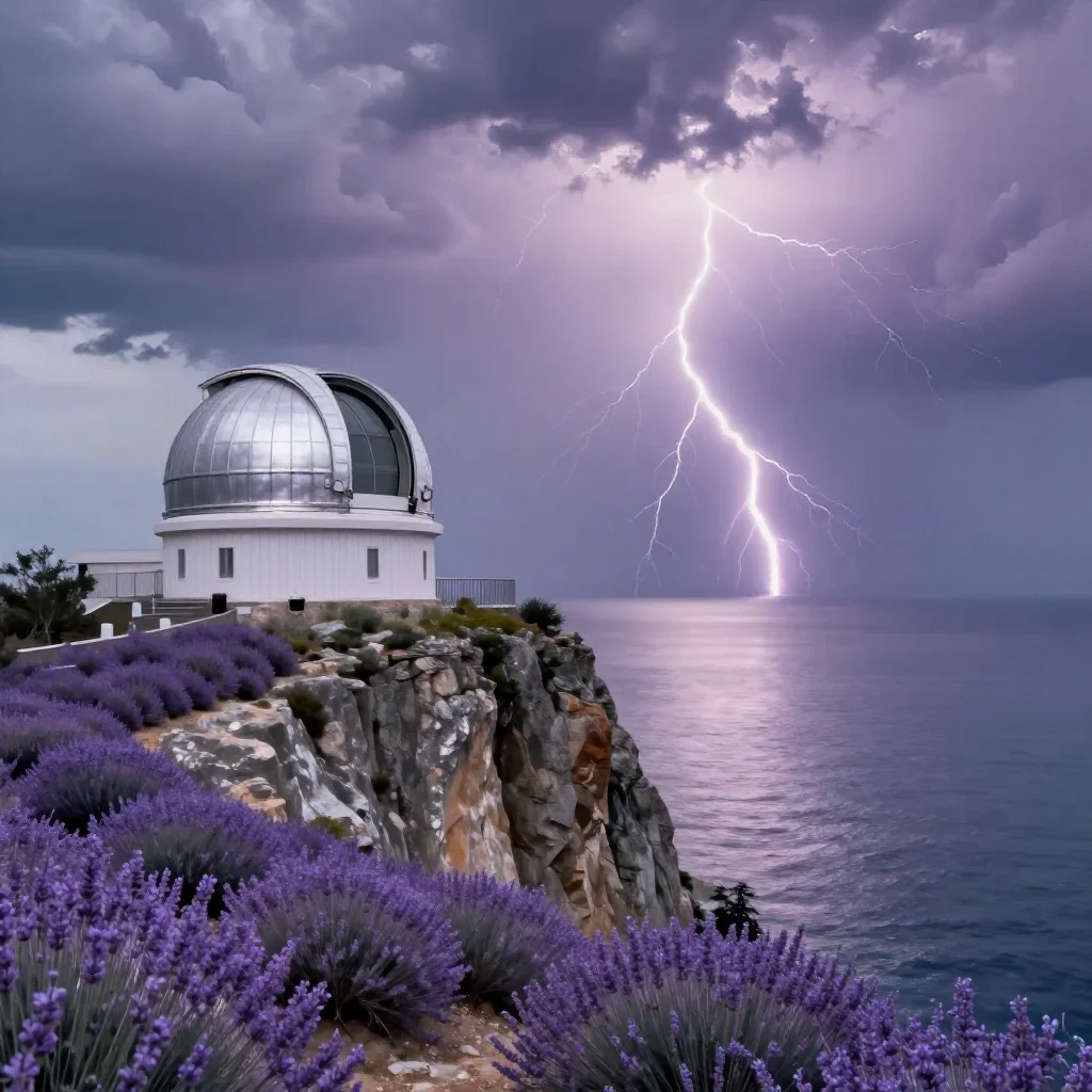 a cliffside observatory after a distant thunderstorm, dreamlike fine-art landscape photography, gentle reflected light, 