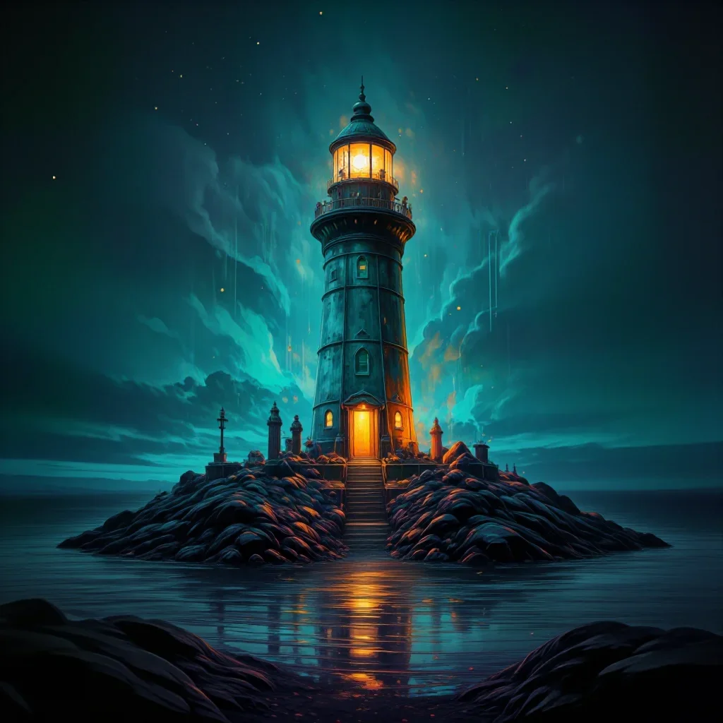 a lighthouse on black basalt under overcast coastal light, museum-quality still-life photography, gentle reflected light