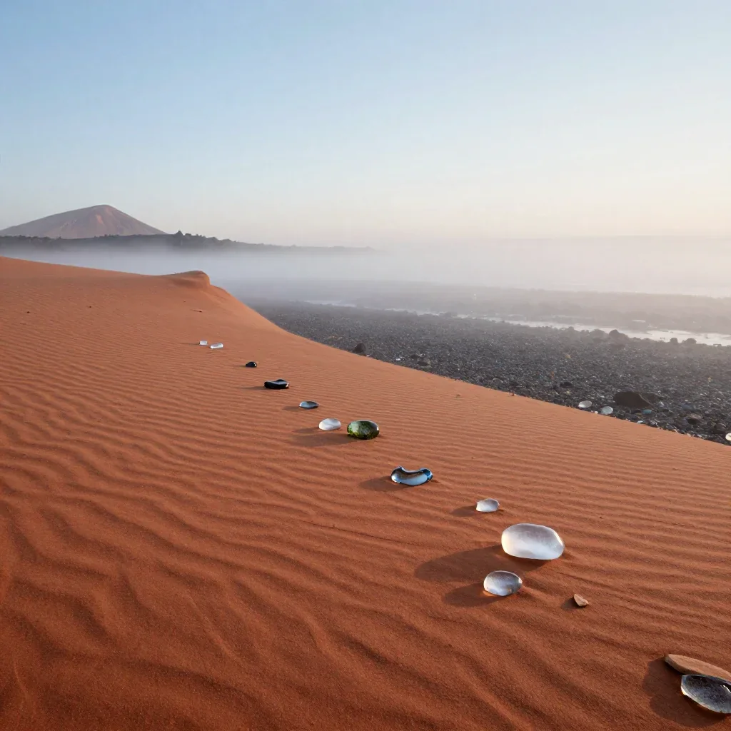 a volcanic beach of polished glass under soft dawn fog, dreamlike fine-art landscape photography, calm negative space, t