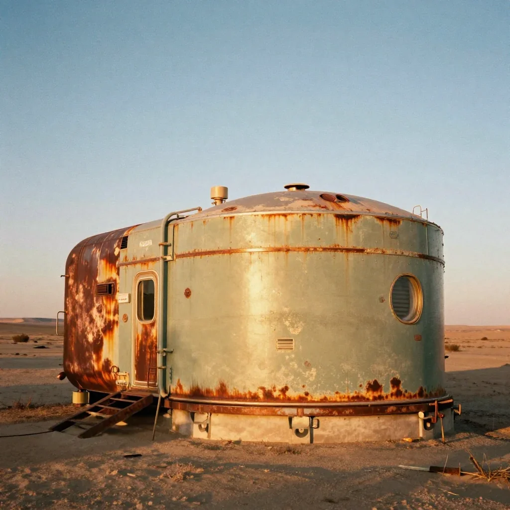 a desert research station during golden hour, soft-grain analog film photography, weathered tactile surfaces, rust and s