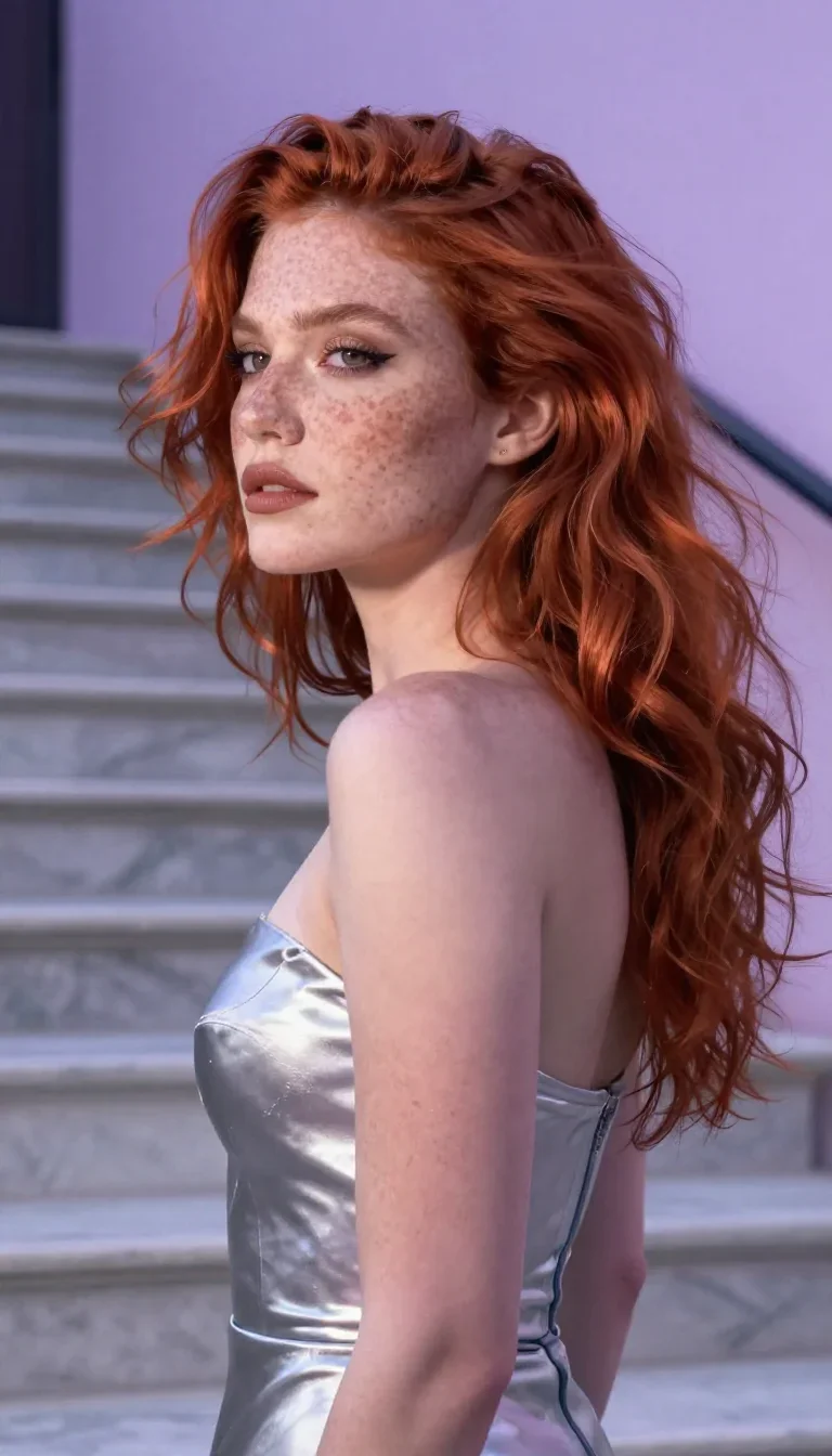 a muse with freckles and wind-tousled copper hair in a dramatic three-quarter profile, on a marble staircase at dawn, ed