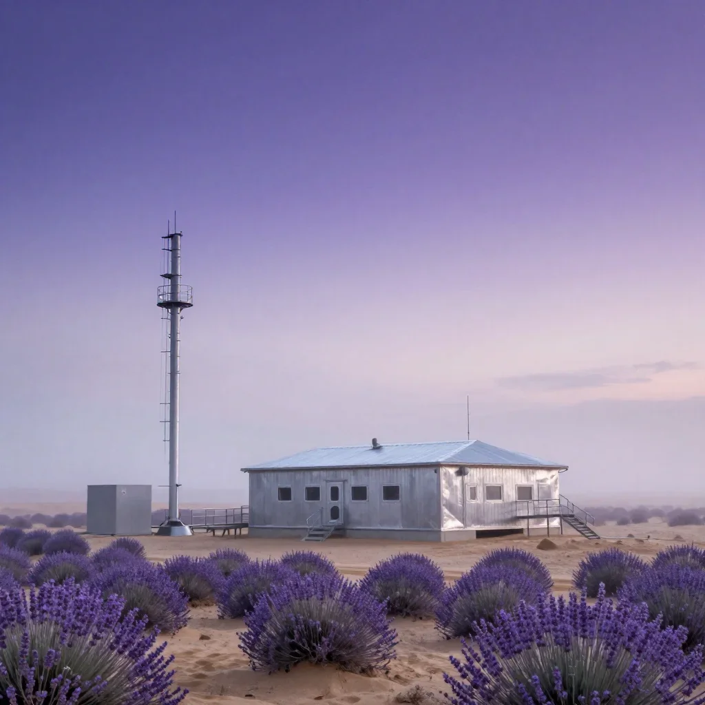 a desert research station under soft dawn fog, Japanese woodblock-inspired editorial art, atmospheric depth, lavender an