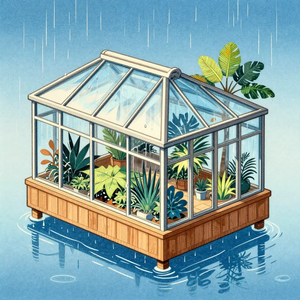 a floating botanical conservatory after warm summer rain, Japanese woodblock-inspired editorial art, careful geometric c