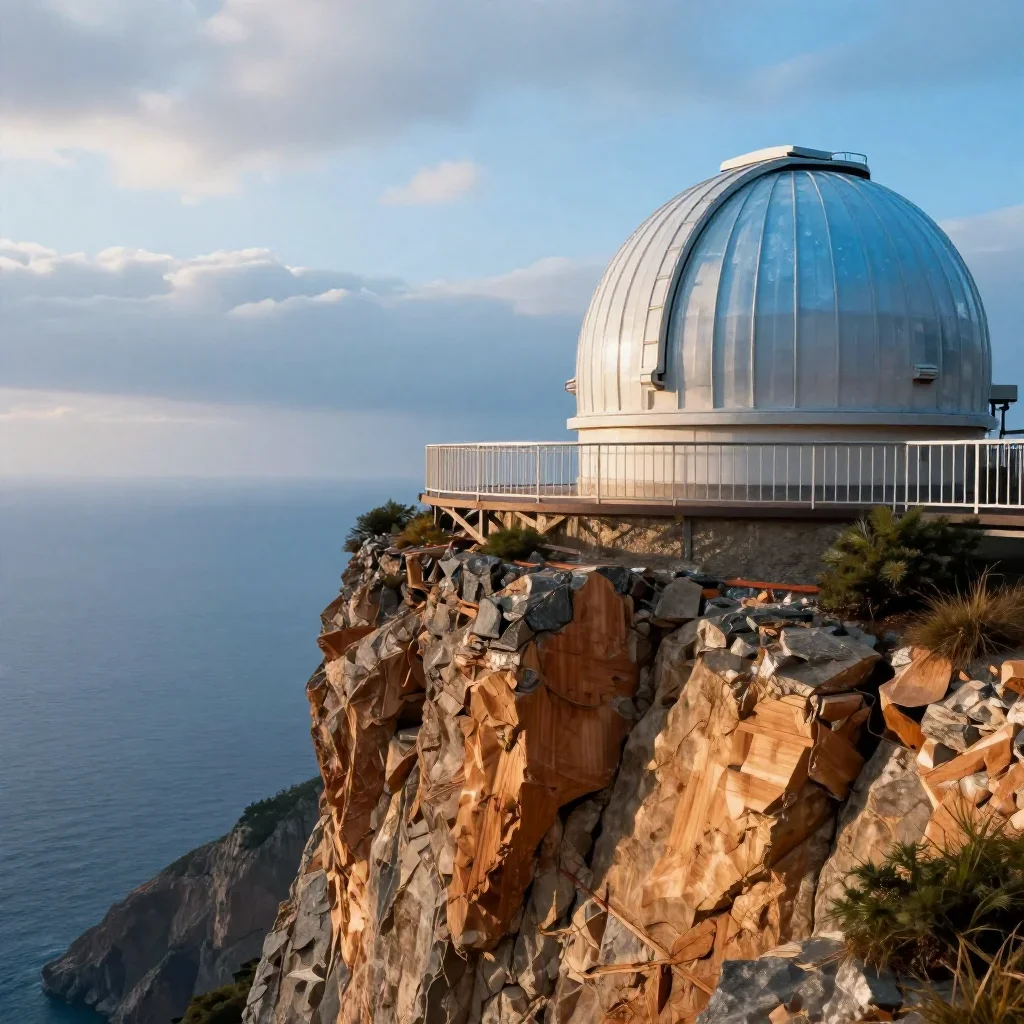 a cliffside observatory after warm summer rain, refined editorial travel photography, soft volumetric light, ice blue an
