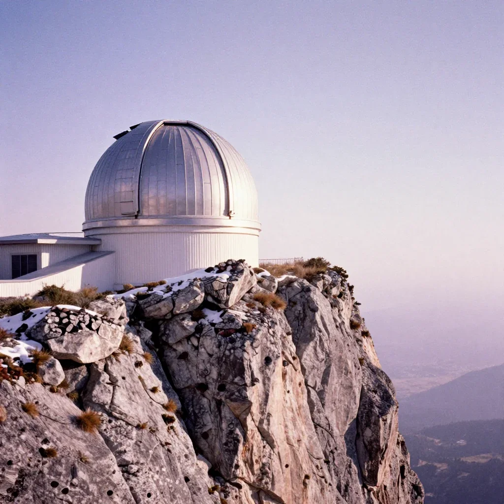 a cliffside observatory in crisp winter sunlight, soft-grain analog film photography, subtle film grain, lavender and si