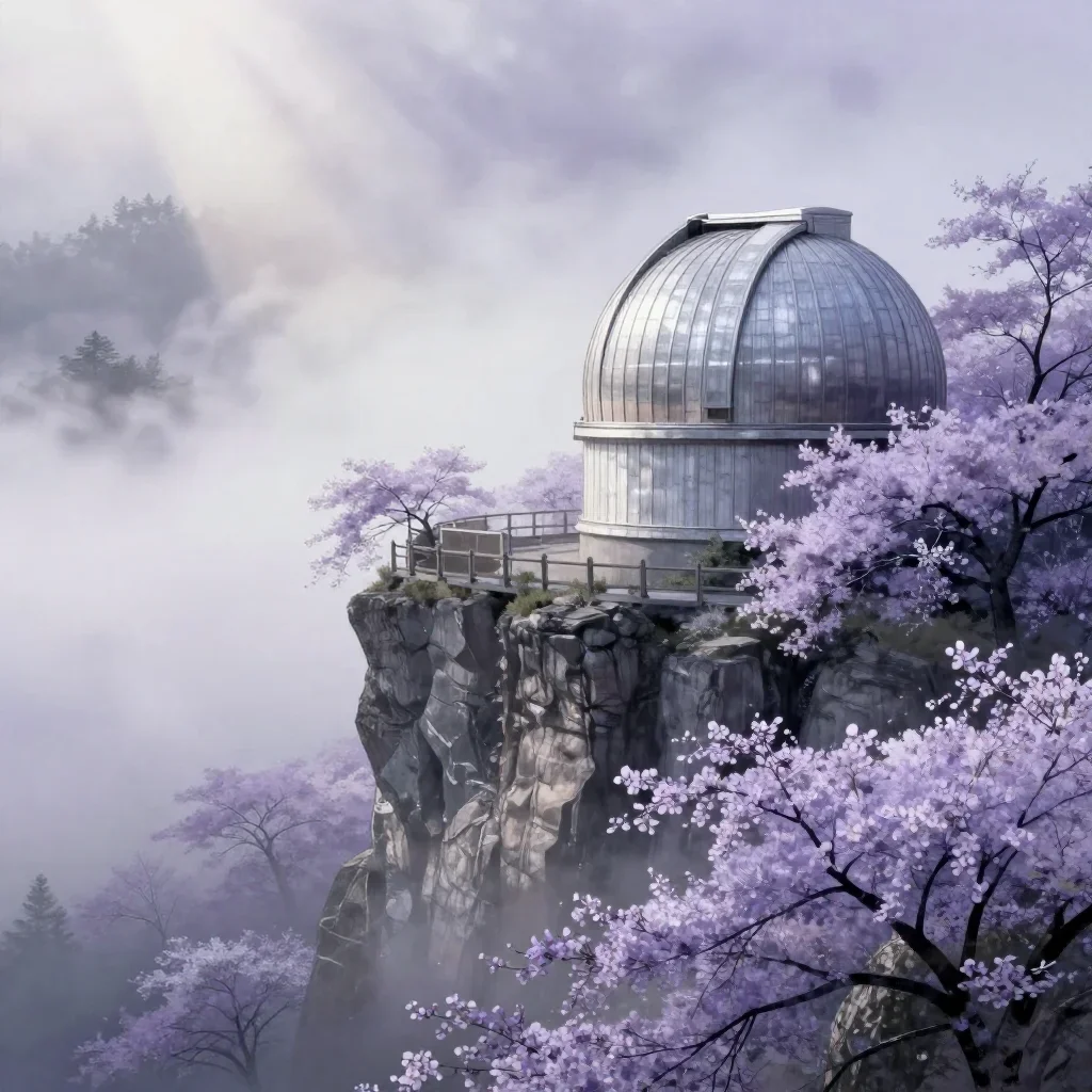 a cliffside observatory in early spring mist, Japanese woodblock-inspired editorial art, soft volumetric light, lavender