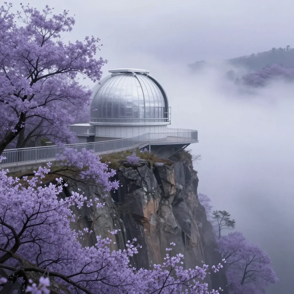 a cliffside observatory in early spring mist, contemporary botanical illustration, atmospheric depth, lavender and silve