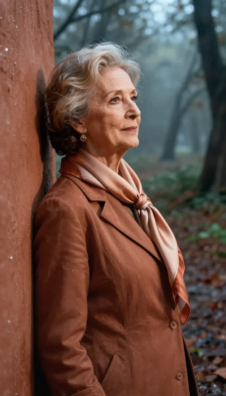 an elegant older stateswoman in a silk scarf in a wind-swept lean against a wall, in a dewy forest clearing, neo-noir ci