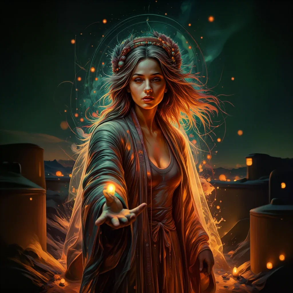 a celestial priestess with haloed candlelight in a gentle reach toward the lens, on a neon-lit rooftop at midnight, cine