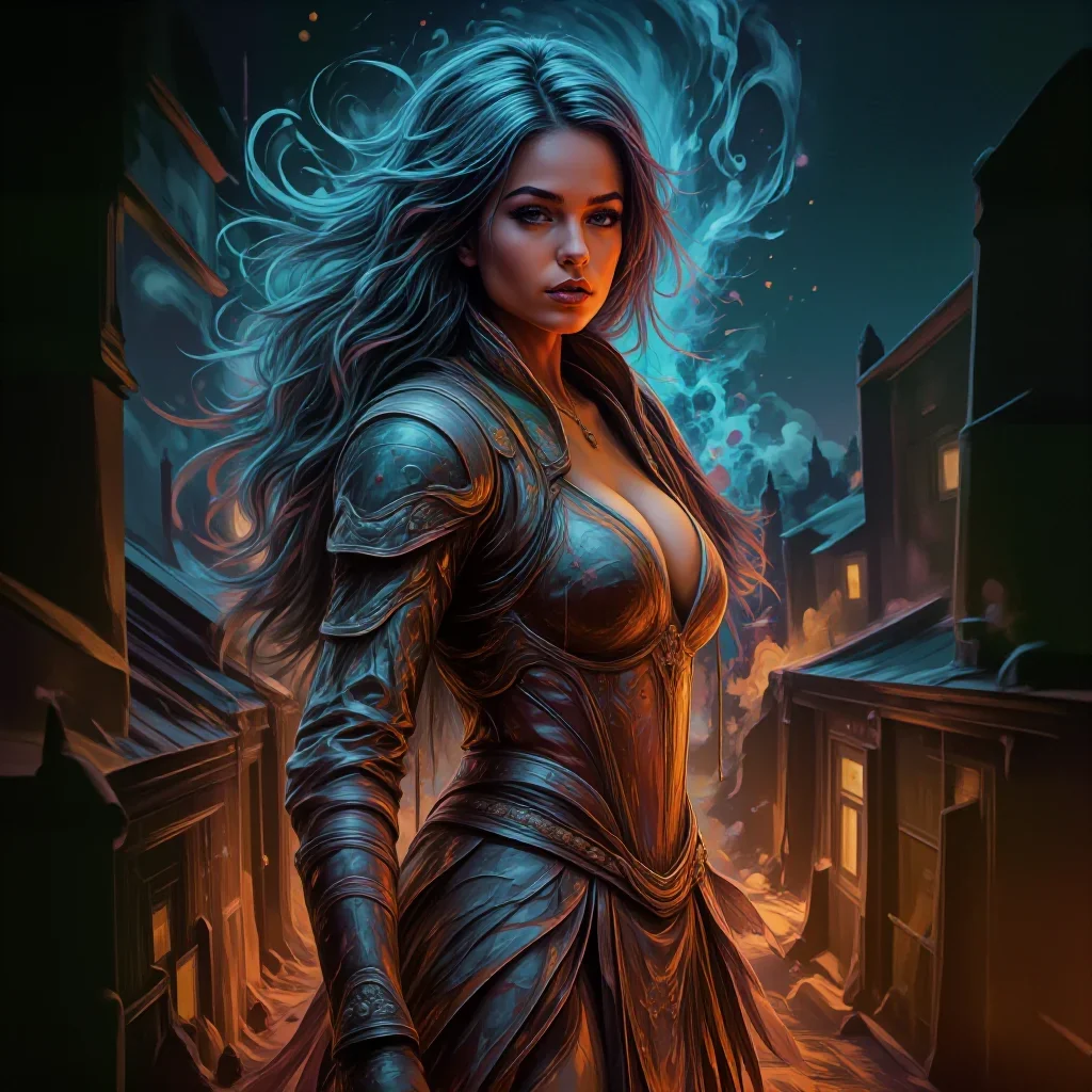 a warrior queen in ornate gilded armor in a wind-swept lean against a wall, on a neon-lit rooftop at midnight, neo-noir